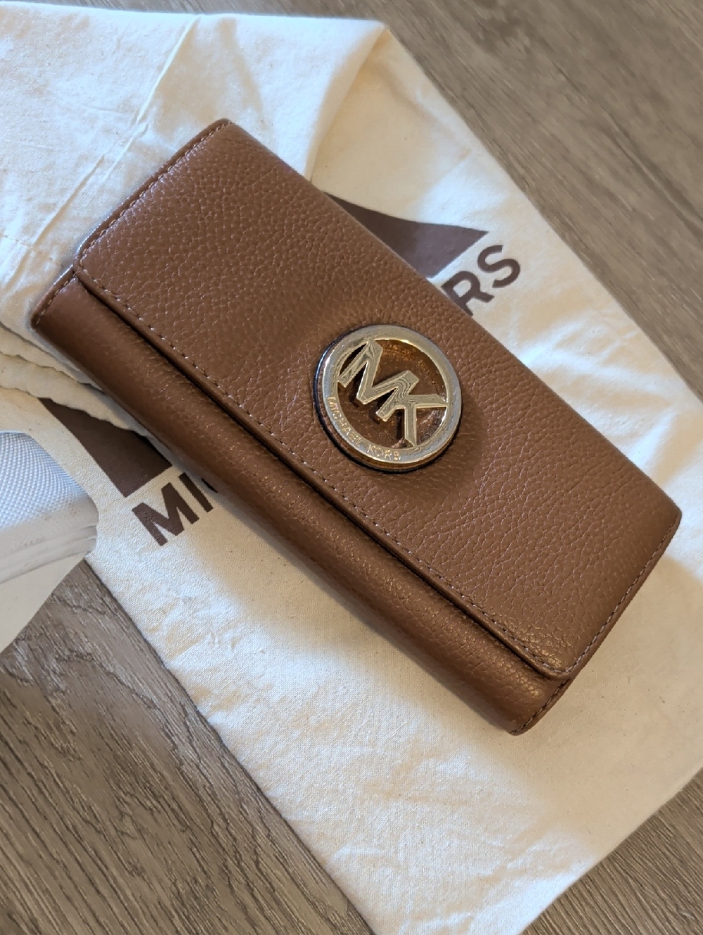 Michael Kors Caramel Brown Pebbled Leather Wallet with MK Emblem